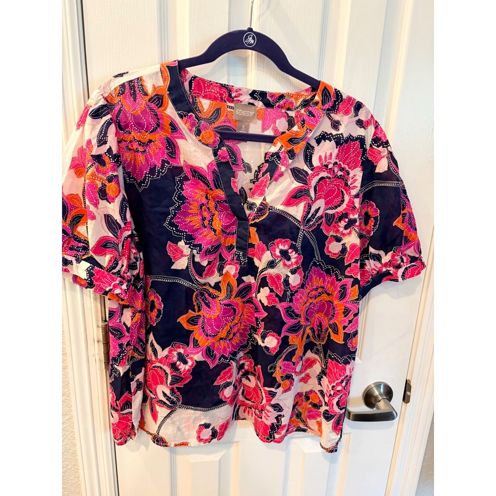 Chico's Blouse Navy Pink Floral Cotton Split Neck Short Sleeve Top Boho